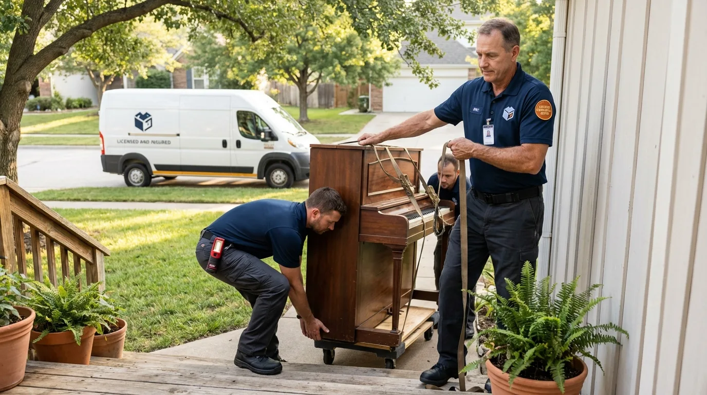 Licensed piano movers securing grand piano in Evergreen Park, IL