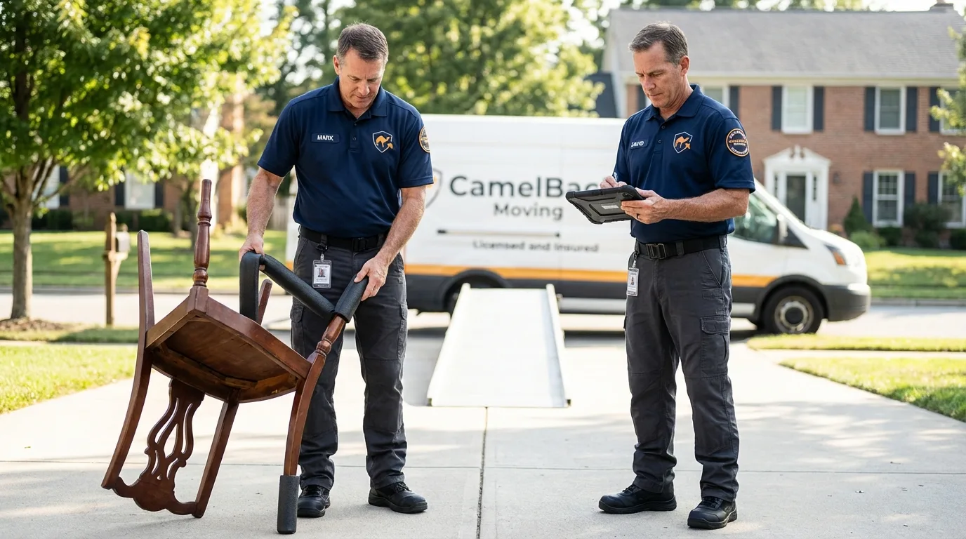 Movers inspecting furniture for damage prevention before loading in Evergreen Park, IL