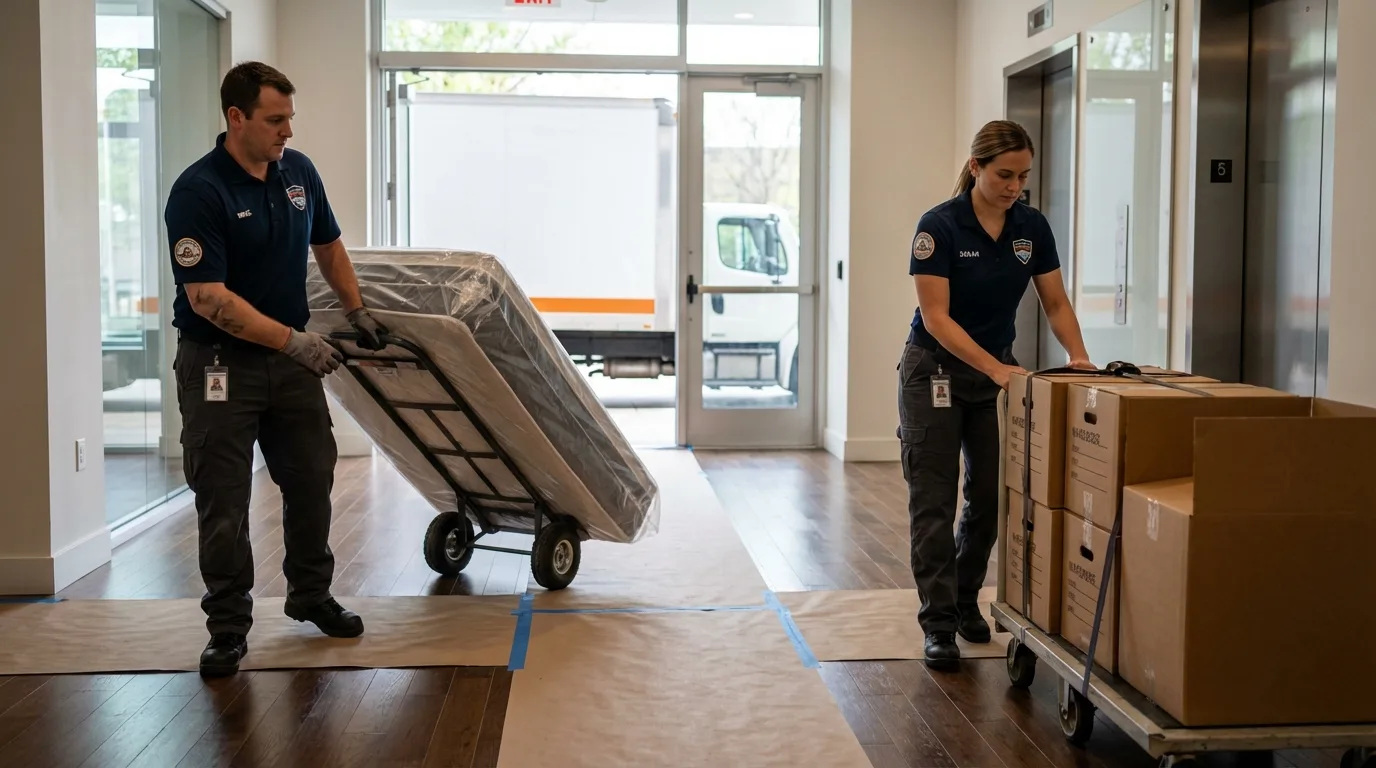Professional apartment movers loading elevator in Evergreen Park, IL